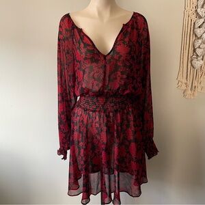 Guess Floral Chiffon Dress Sheer Red Black Romantic Goth Whimsigoth Medium